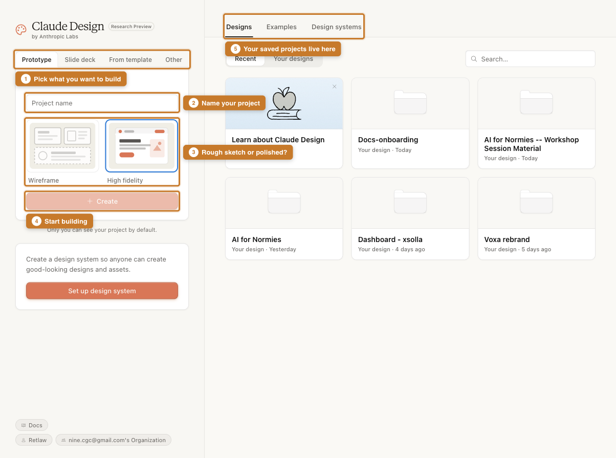 The Claude Design landing page, with numbered annotations highlighting the project type tabs, project name field, style choice, Create button, and saved projects area